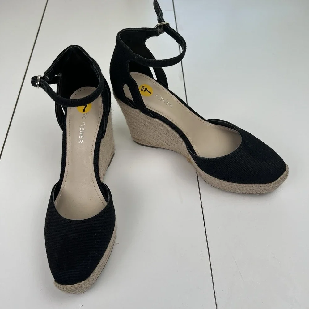 Marc Fisher Canvas Espadrille Platform Wedges Teelan Black Ankle Strap Size 7